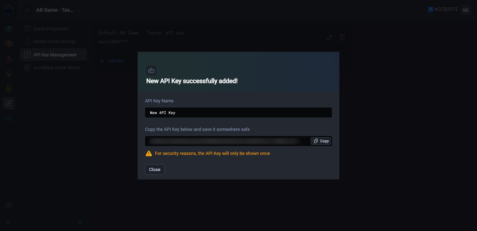 Pop-up showing API Key